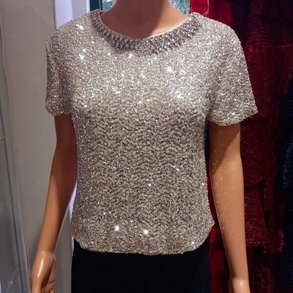 Stretch sequin sweater lined with rhinestone crew neck 6-0050