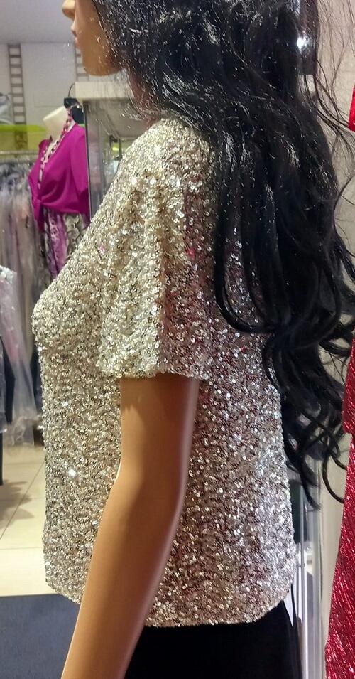 Stretch sequin sweater lined with rhinestone crew neck 6-0050