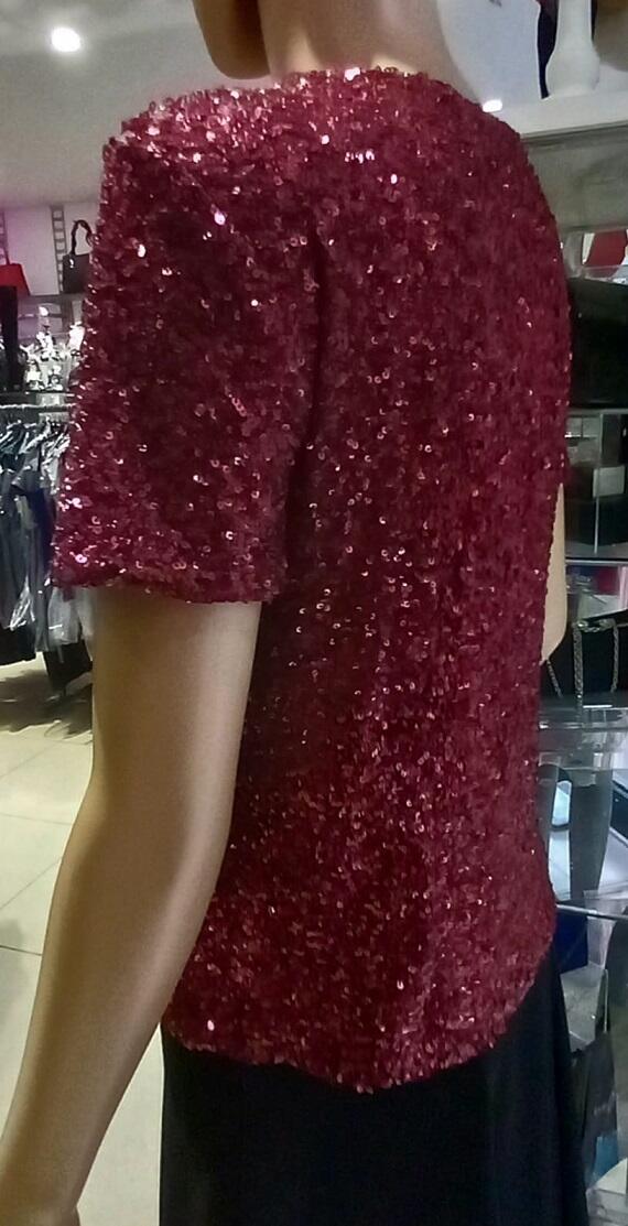Stretch sequin sweater lined with rhinestone crew neck 6-0050