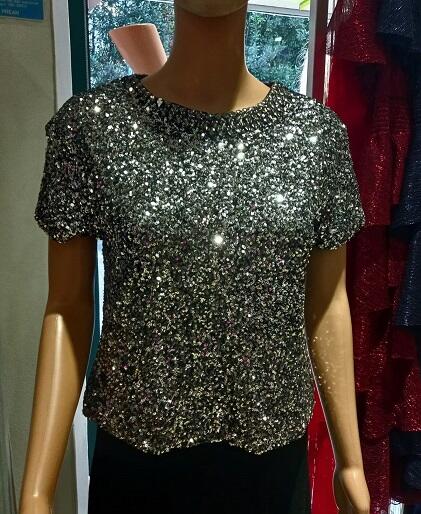 Stretch sequin sweater lined with rhinestone crew neck 6-0050