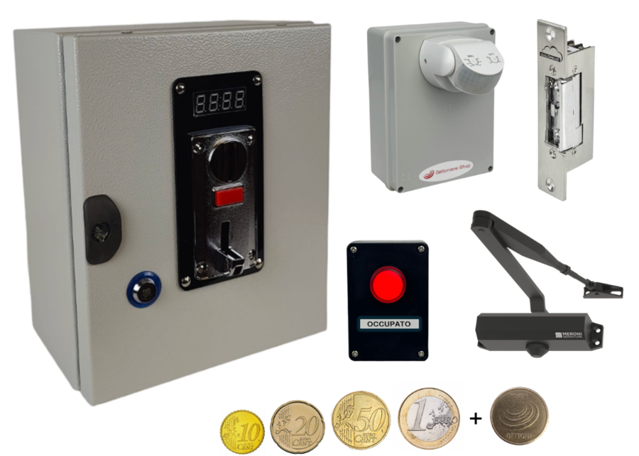 Gettoniera Apriporta a monete + gettoni con KIT serratura - sensore presenza - molla chiudi porta