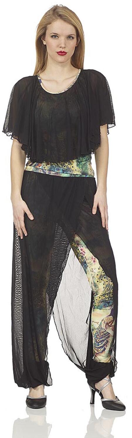 Green patterned lycra shirt and trousers set lined with black tulle 3-0017