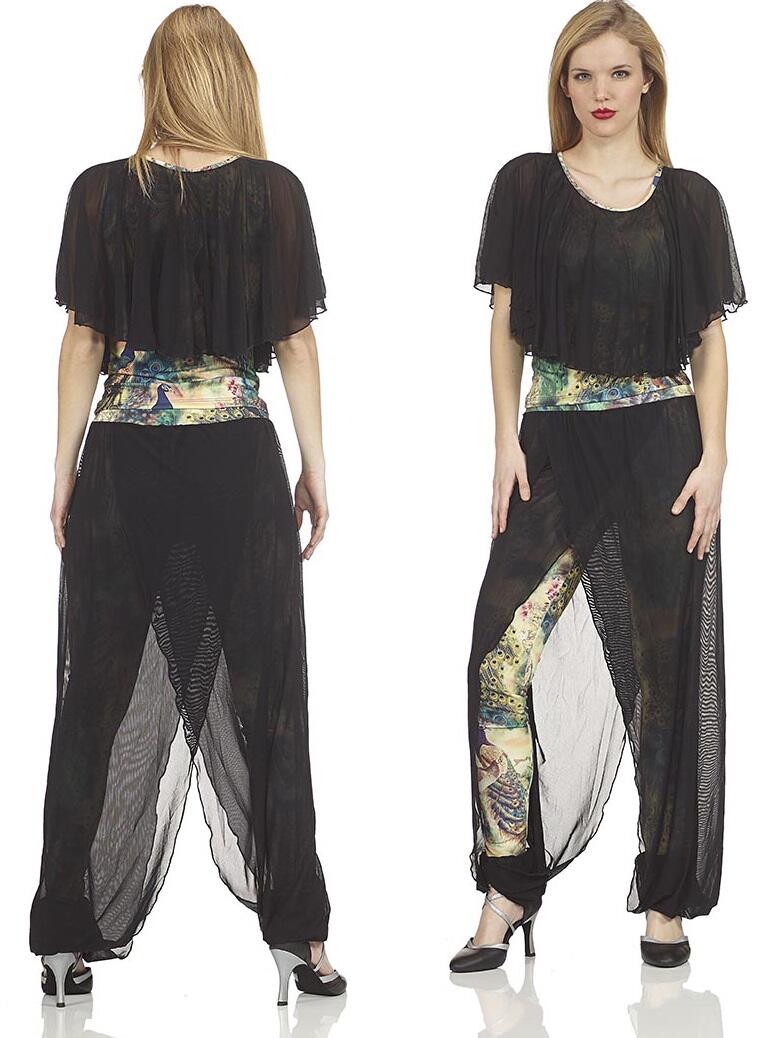 Completo maglia e pantalone in lycra fantasia verde doppiata con tulle nero 3-0017