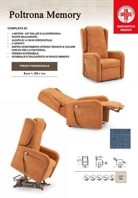 Poltrona Relax Memory con Pediera Estensibile  Alzata Verticale cm 10 Doppio Rivestimento completa di Alzapersona e Kit Roller 2 Motori Pronta Consegna Azzurra  PREZZO IVA AGEVOLATA 4%