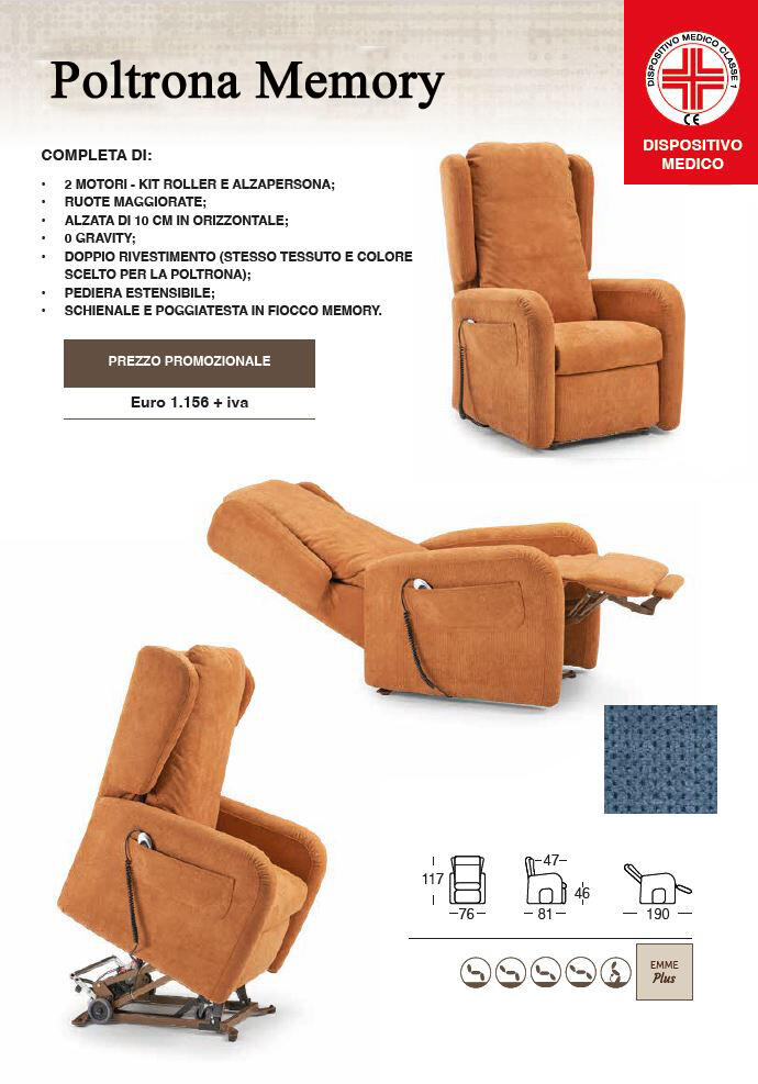 Poltrona Relax Memory con Pediera Estensibile  Alzata Verticale cm 10 Doppio Rivestimento completa di Alzapersona e Kit Roller 2 Motori Pronta Consegna Azzurra