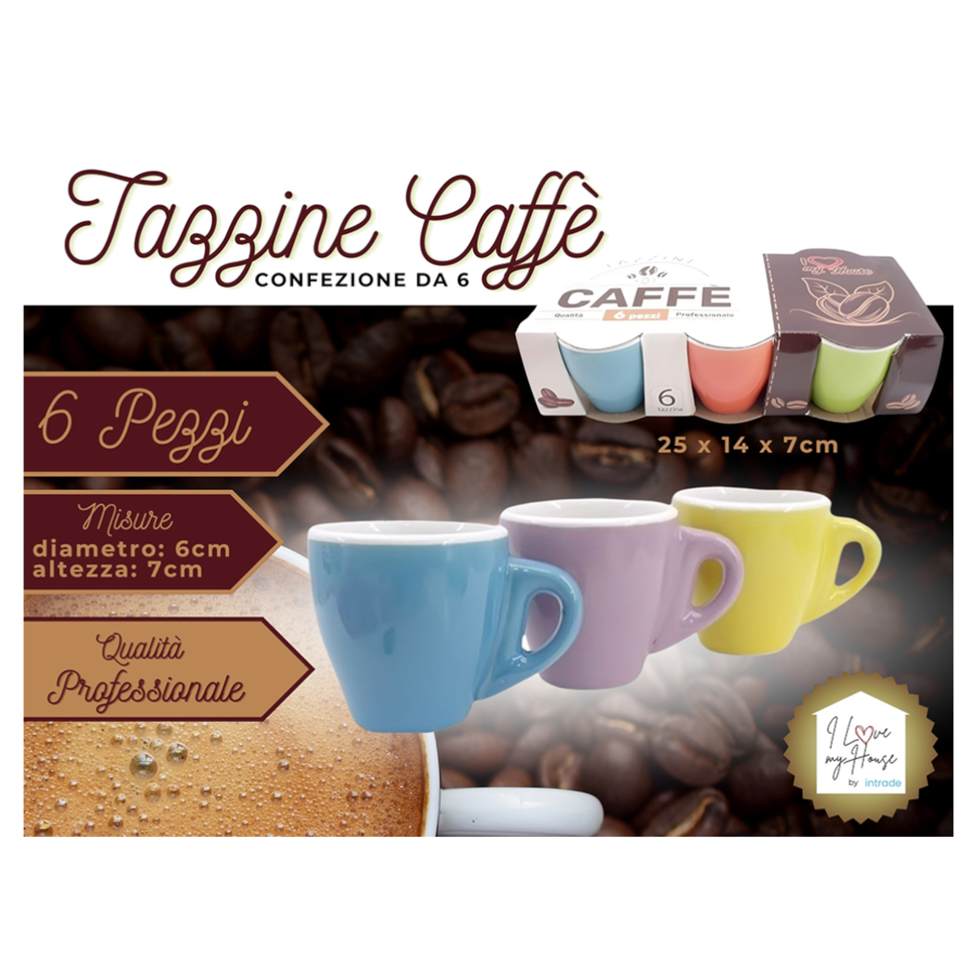 INTRADE TAZZINE CAFFE' IN CERAMICA COLORATE 6 PEZZI (Confezione da 3 pezzi) 