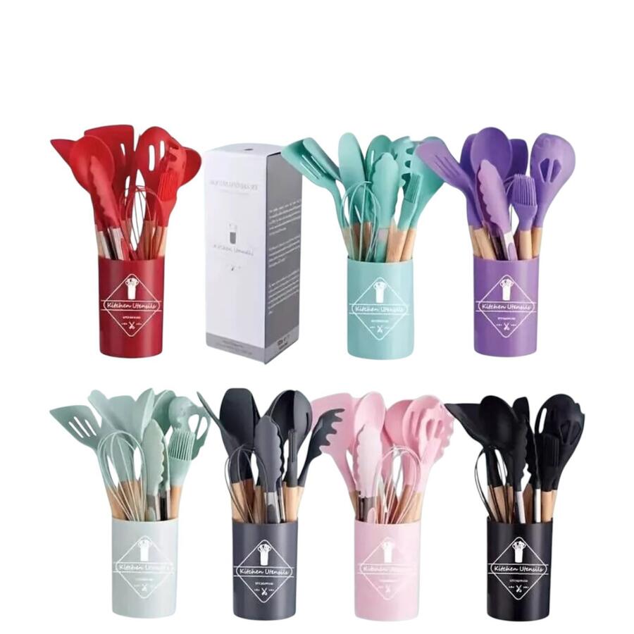 Utensili Cucina con Manico in Legno e Silicone Set Mestoli 12 pz Anti-Aderenti 