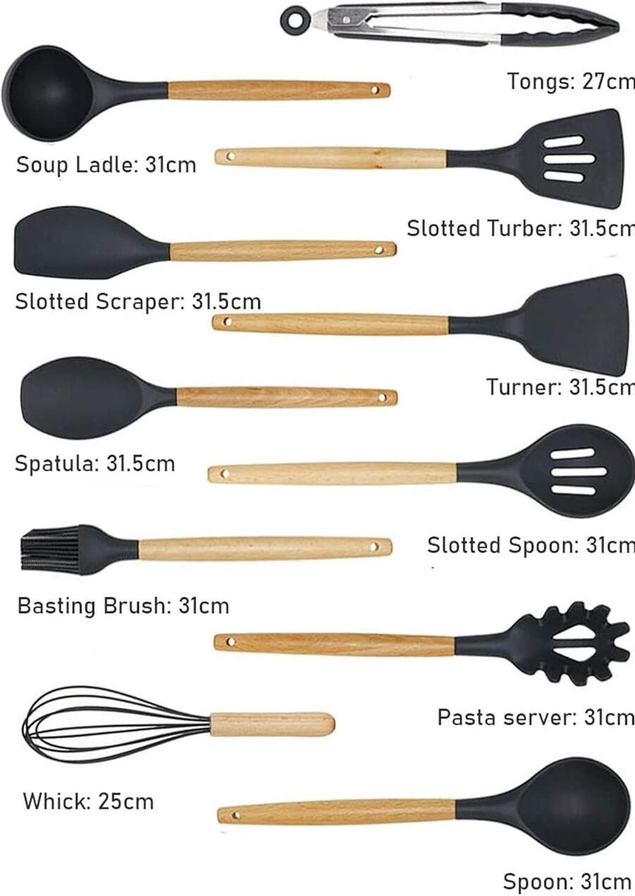 Utensili Cucina con Manico in Legno e Silicone Set Mestoli 12 pz Anti-Aderenti 