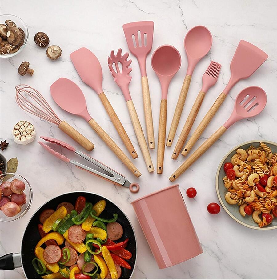 Utensili Cucina con Manico in Legno e Silicone Set Mestoli 12 pz Anti-Aderenti 