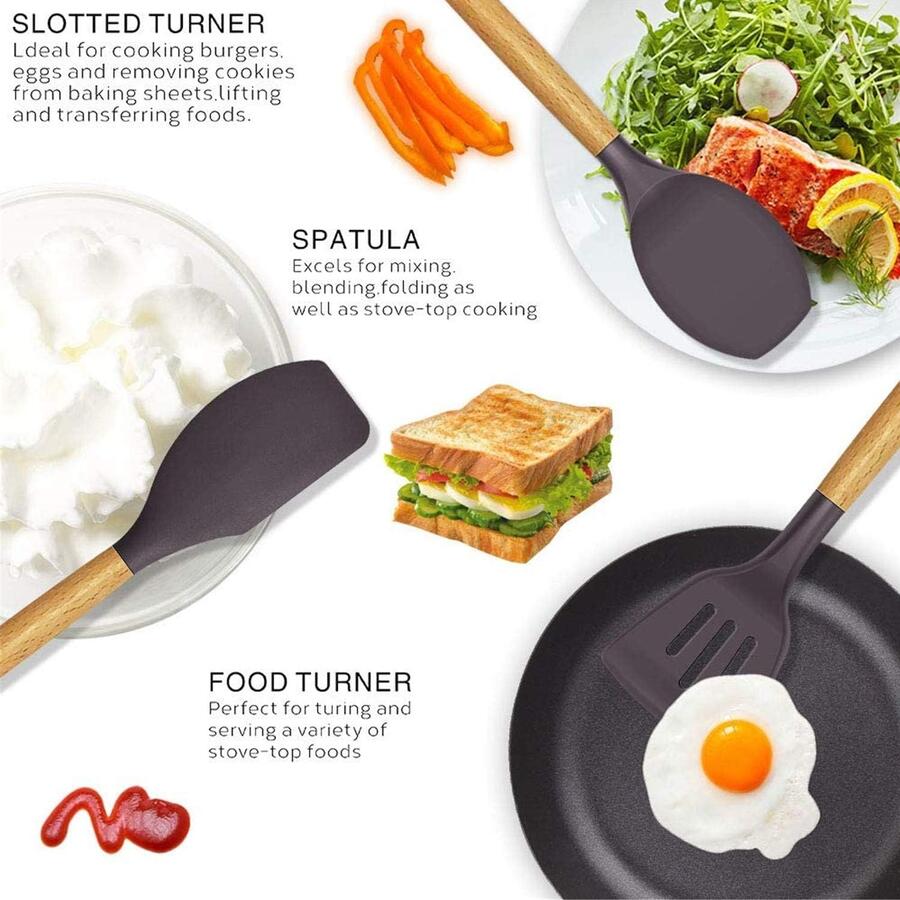 Utensili Cucina con Manico in Legno e Silicone Set Mestoli 12 pz Anti-Aderenti 
