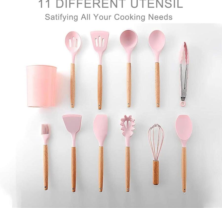 Utensili Cucina con Manico in Legno e Silicone Set Mestoli 12 pz Anti-Aderenti 