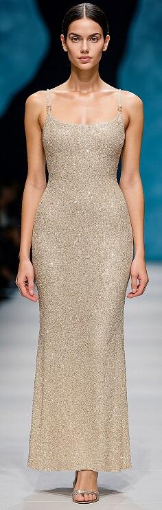 0962 Abito lungo in micropaillettes platino-beige con spalline fini