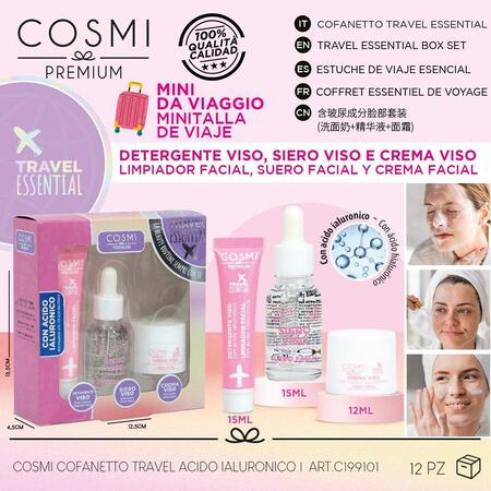 COSMI COFANETTO TRAVEL DETERGENTE VISO DA 15 ml+SIERO DA 15 ml+CREMA VISO DA 12 ml
 [Quantità minima per ordine è di 12 pezzi]
