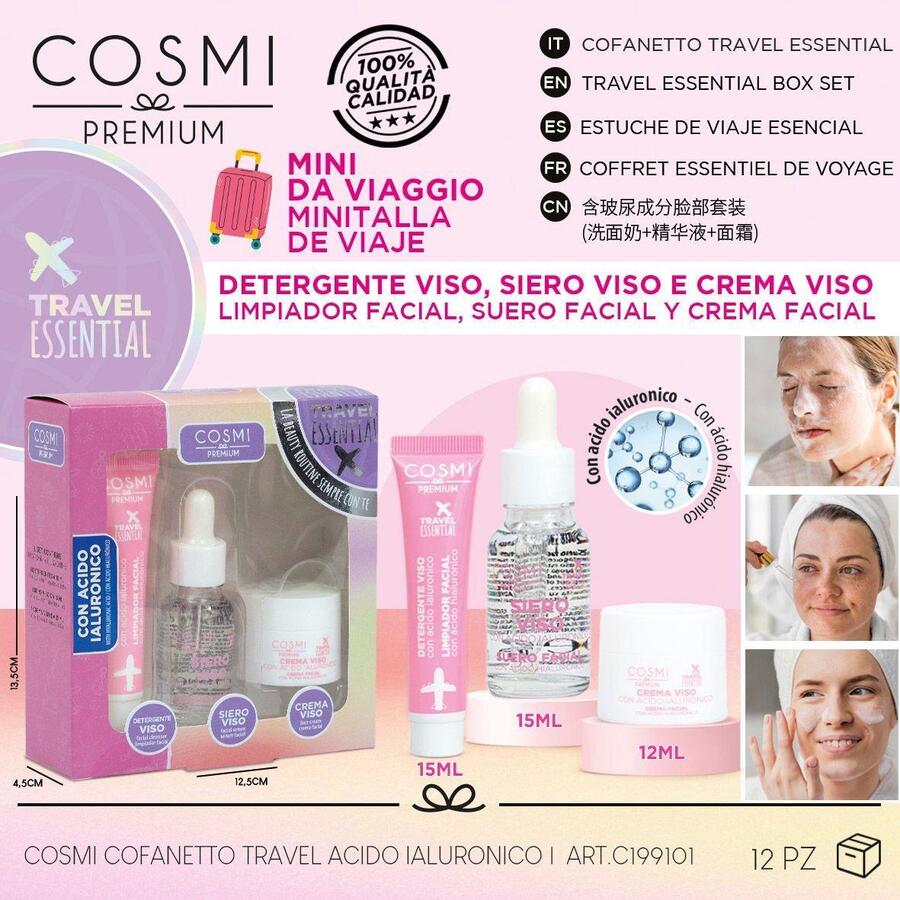 COSMI COFANETTO TRAVEL DETERGENTE VISO DA 15 ml+SIERO DA 15 ml+CREMA VISO DA 12 ml
 [Quantità minima per ordine è di 12 pezzi]