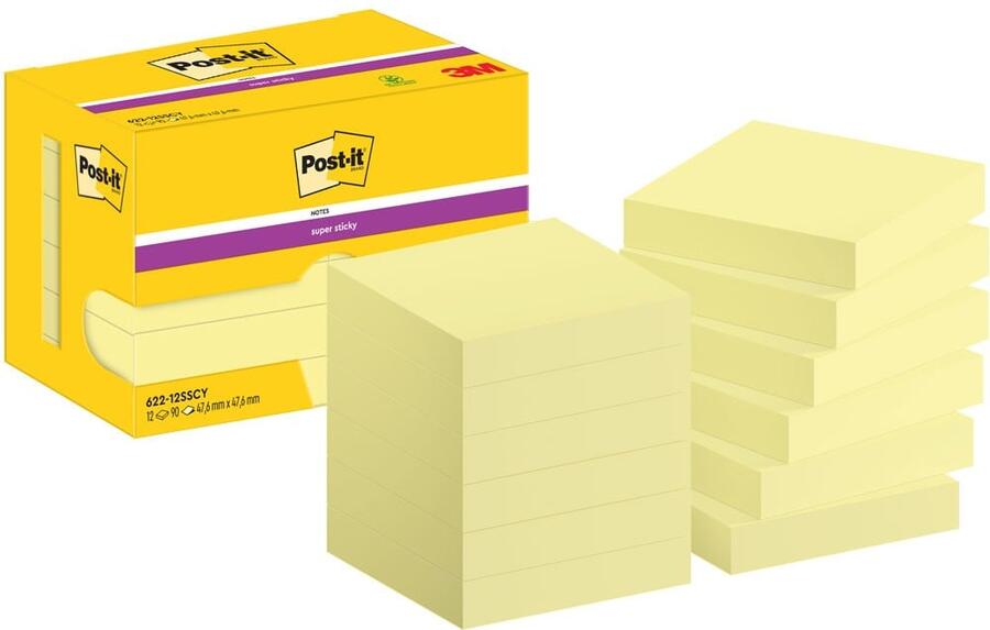 CONFEZIONE 12 BLOCCHI POST-IT Super Sticky 622 Giallo Canary – 47,6x47,6mm