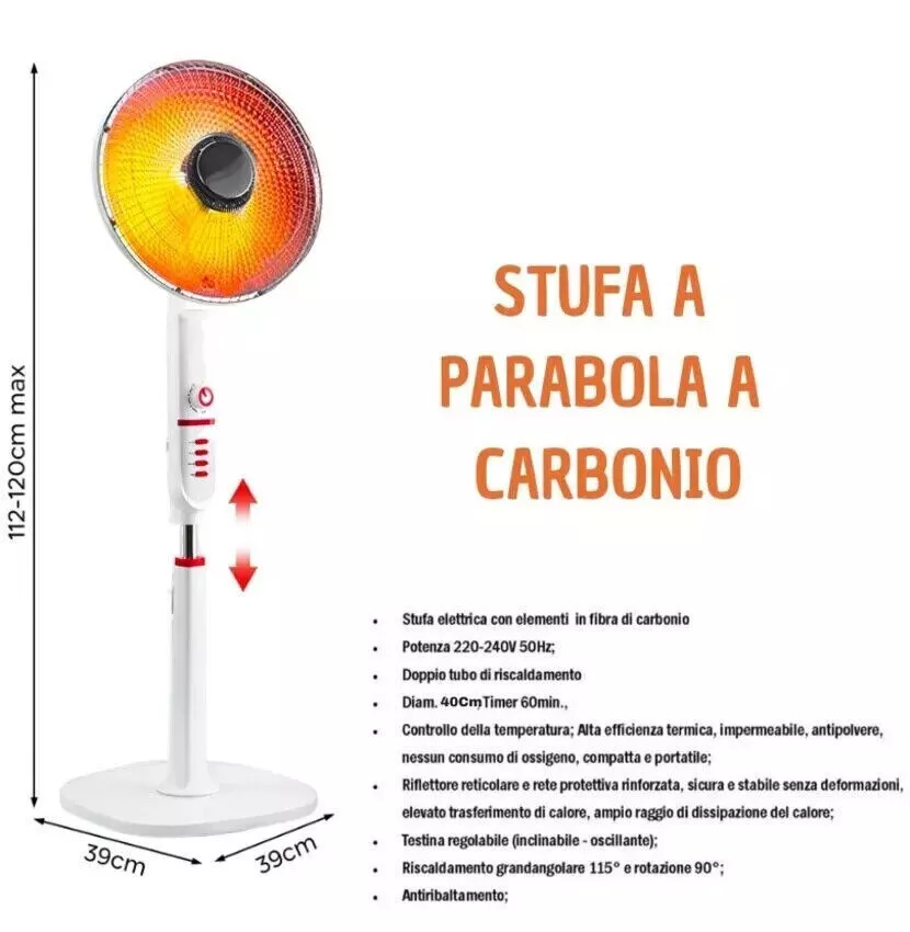 Stufa Piantana a Carbonio 900W Bianco o Nero Oscillante 2 Livelli pavimento gira