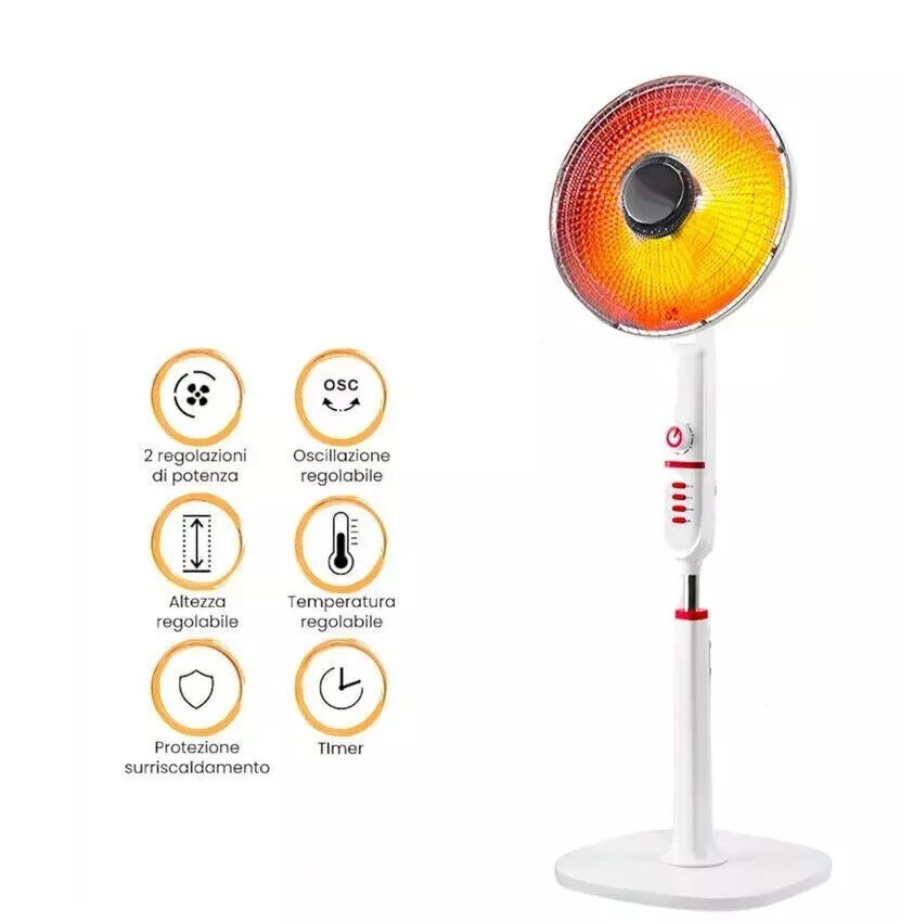 Stufa Piantana a Carbonio 900W Bianco o Nero Oscillante 2 Livelli pavimento gira