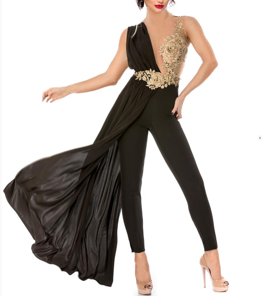 0652 FANTASTIC JUMPSUIT WITH TULLE AND MACRAME 'GOLD SIDE PANEL 