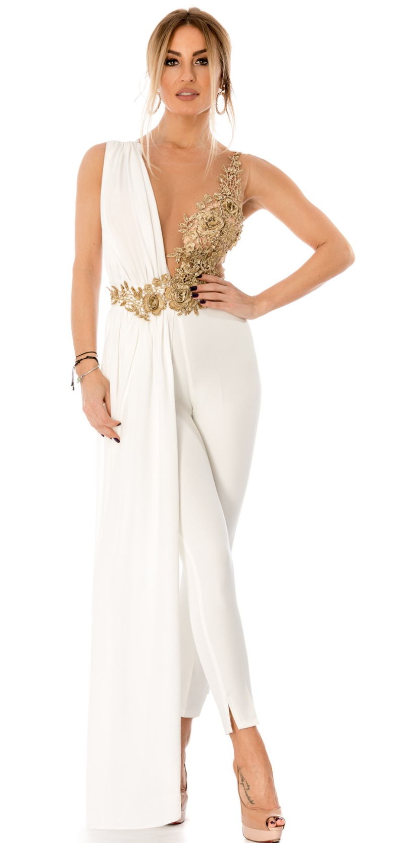 0652 FANTASTIC JUMPSUIT WITH TULLE AND MACRAME 'GOLD SIDE PANEL 
