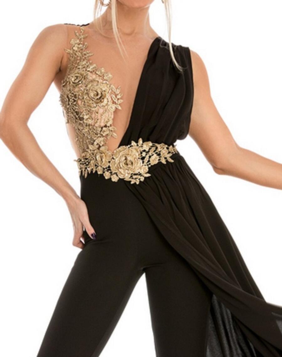 0652 FANTASTIC JUMPSUIT WITH TULLE AND MACRAME 'GOLD SIDE PANEL 