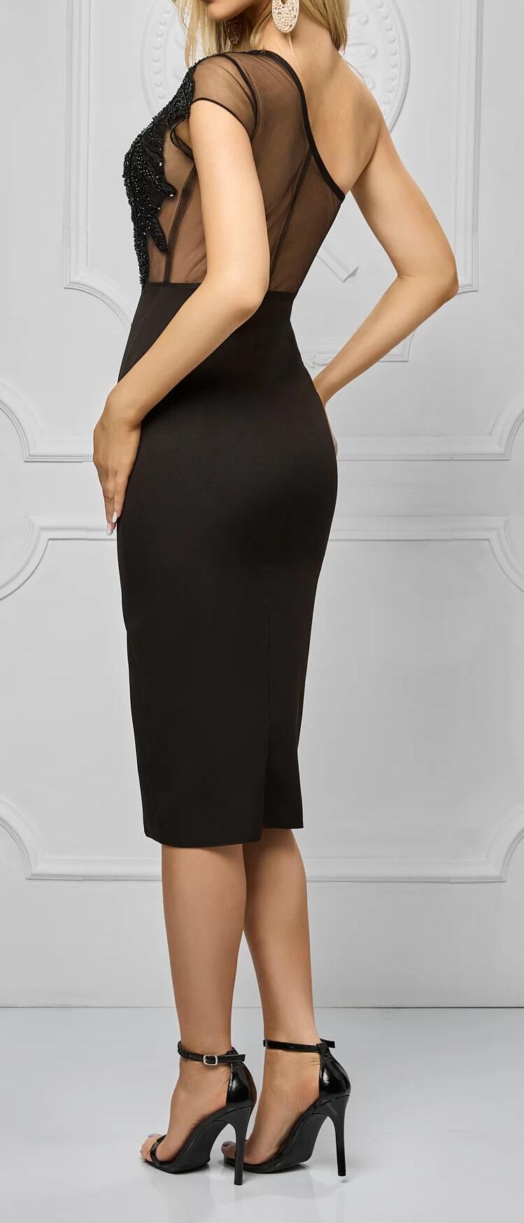 0965 Tubino nero con spacco alto laterale e dettagli in paillettes e pietrine nere