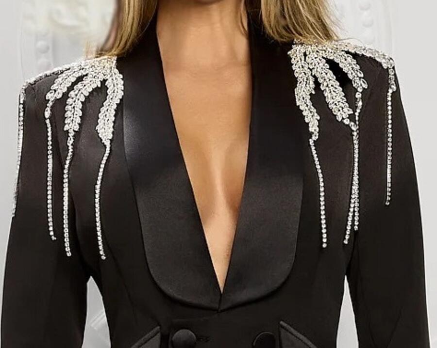 0966 Tuxedo dress/jacket with silver beads and rhinestones, lined buttons and ostrich feathers