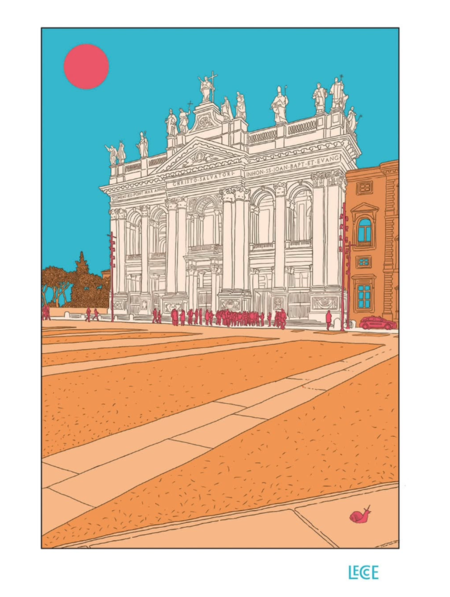 EMILIO LECCE, STAMPA FIRMATA 29,7x42 cm: San Giovanni in Laterano