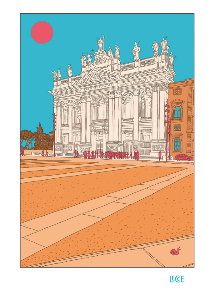 EMILIO LECCE, STAMPA FIRMATA 29,7x42 cm: San Giovanni in Laterano