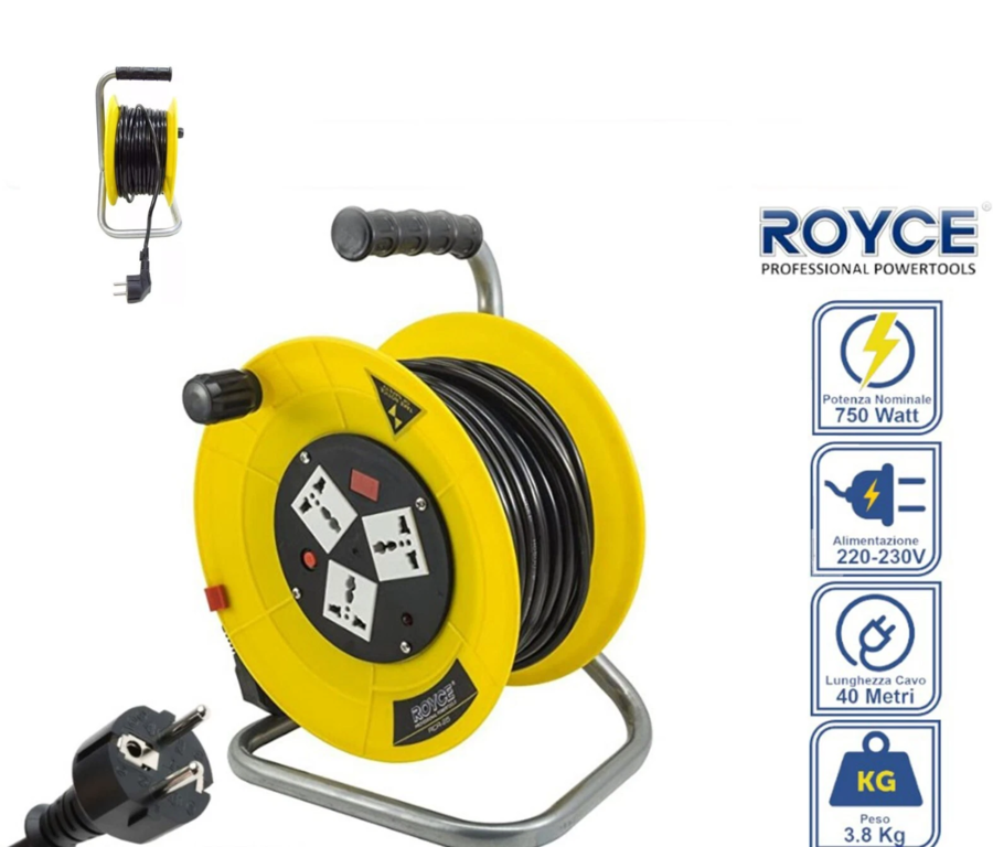 PROLUNGA AVVOLGICAVO 3 PRESE SCHUKO CAVO 40 MT ELETTRICO PRESA METRI RCR-50