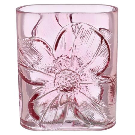 Glass vase with flower relief, oval, 13x8x16cm, pale pink