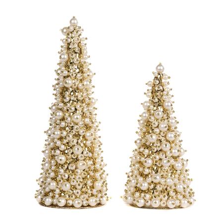 Goodwill - Natale 2025 - Alberelli Natalizi Decorativi con Perle – Set da 2, Crema e Oro, 25 cm