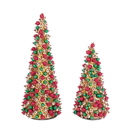 Goodwill - Natale 2025- Alberelli Natalizi con Perle – Set da 2, Rosso, Verde e Oro, 26 cm