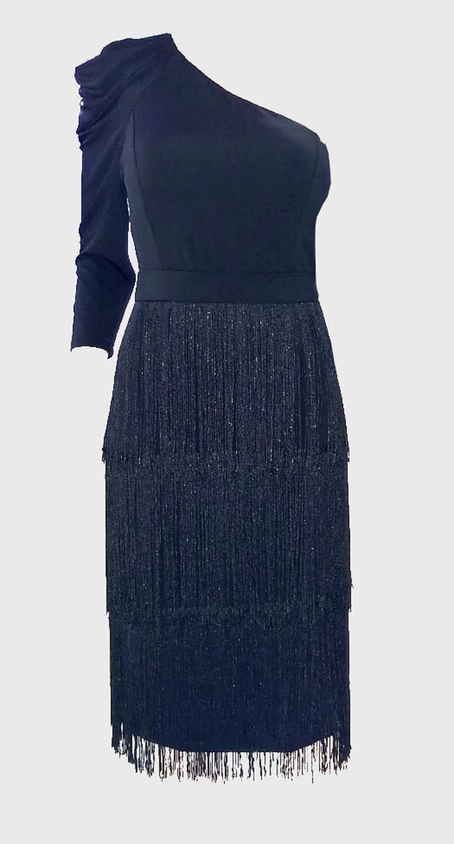 4-0152 SINGLE SLEEVED DRESS WITH 3 ROWS OF FRINGES