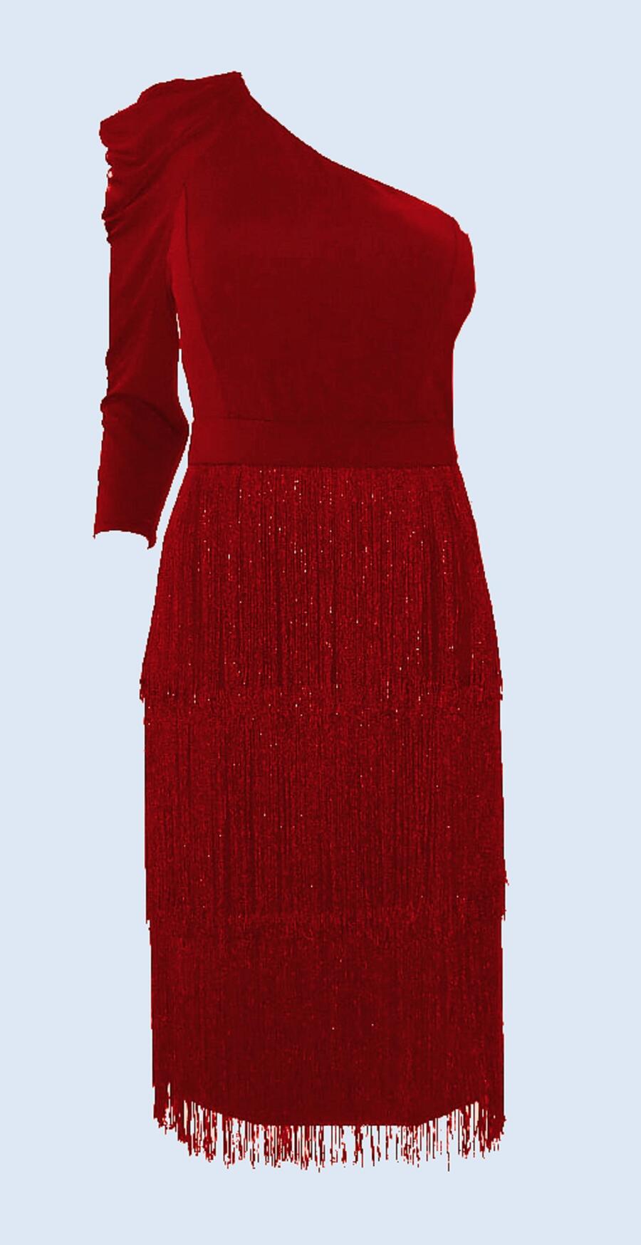 4-0152 SINGLE SLEEVED DRESS WITH 3 ROWS OF FRINGES