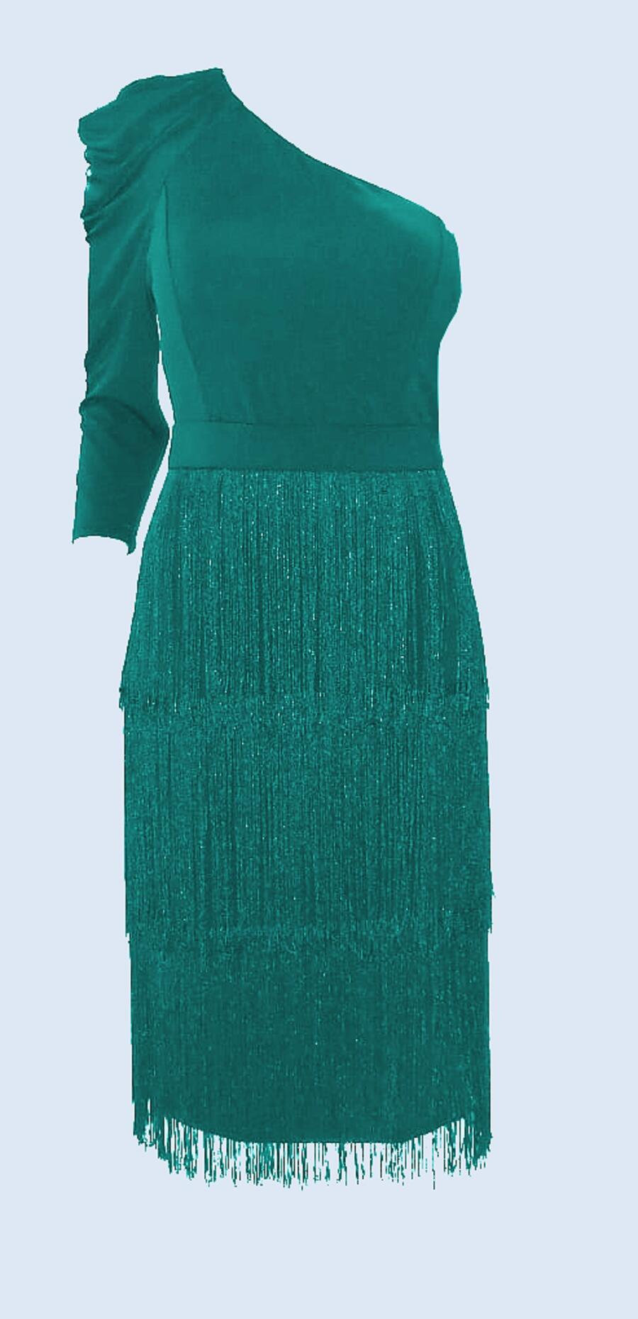 4-0152 SINGLE SLEEVED DRESS WITH 3 ROWS OF FRINGES