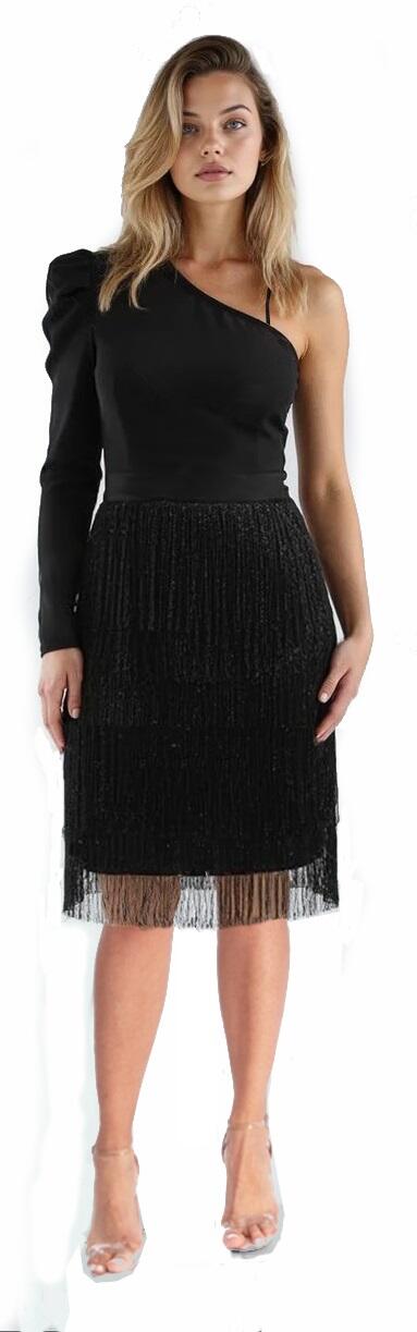 4-0152 SINGLE SLEEVED DRESS WITH 3 ROWS OF FRINGES