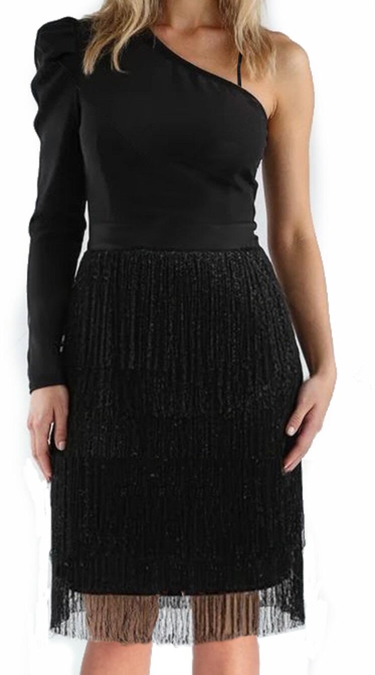 4-0152 SINGLE SLEEVED DRESS WITH 3 ROWS OF FRINGES