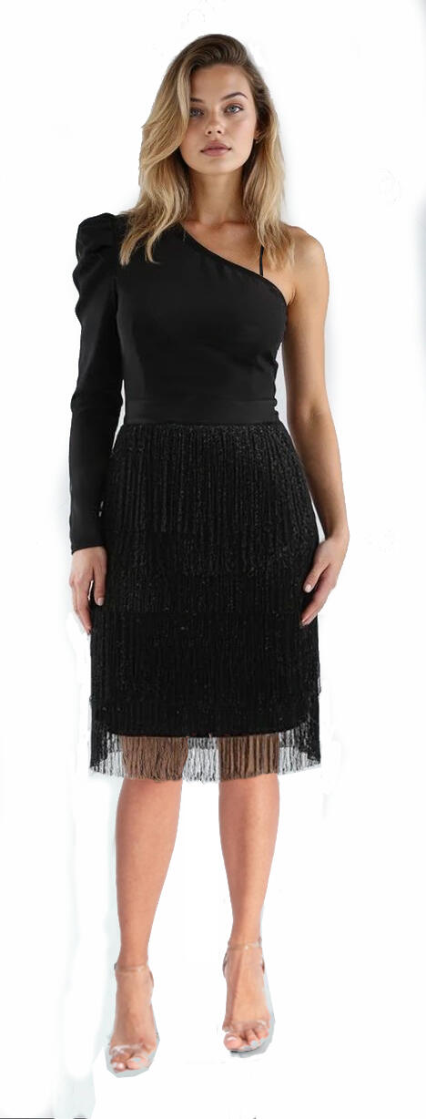 4-0152 SINGLE SLEEVED DRESS WITH 3 ROWS OF FRINGES