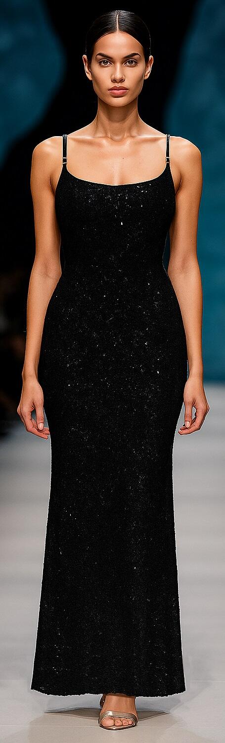 0968 Black Long dress whit micro-sequins and thin shoulder straps