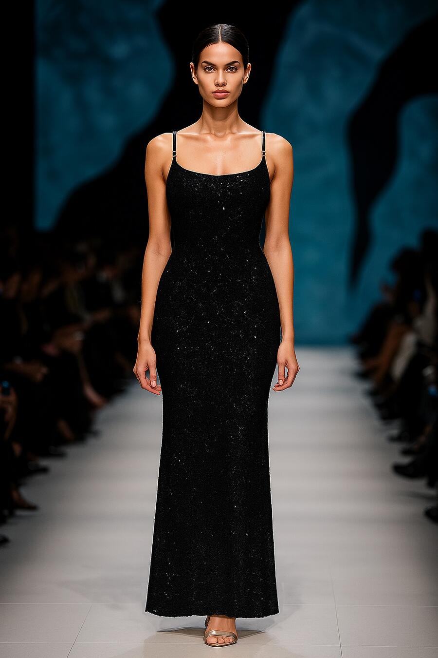 0968 Black Long dress whit micro-sequins and thin shoulder straps