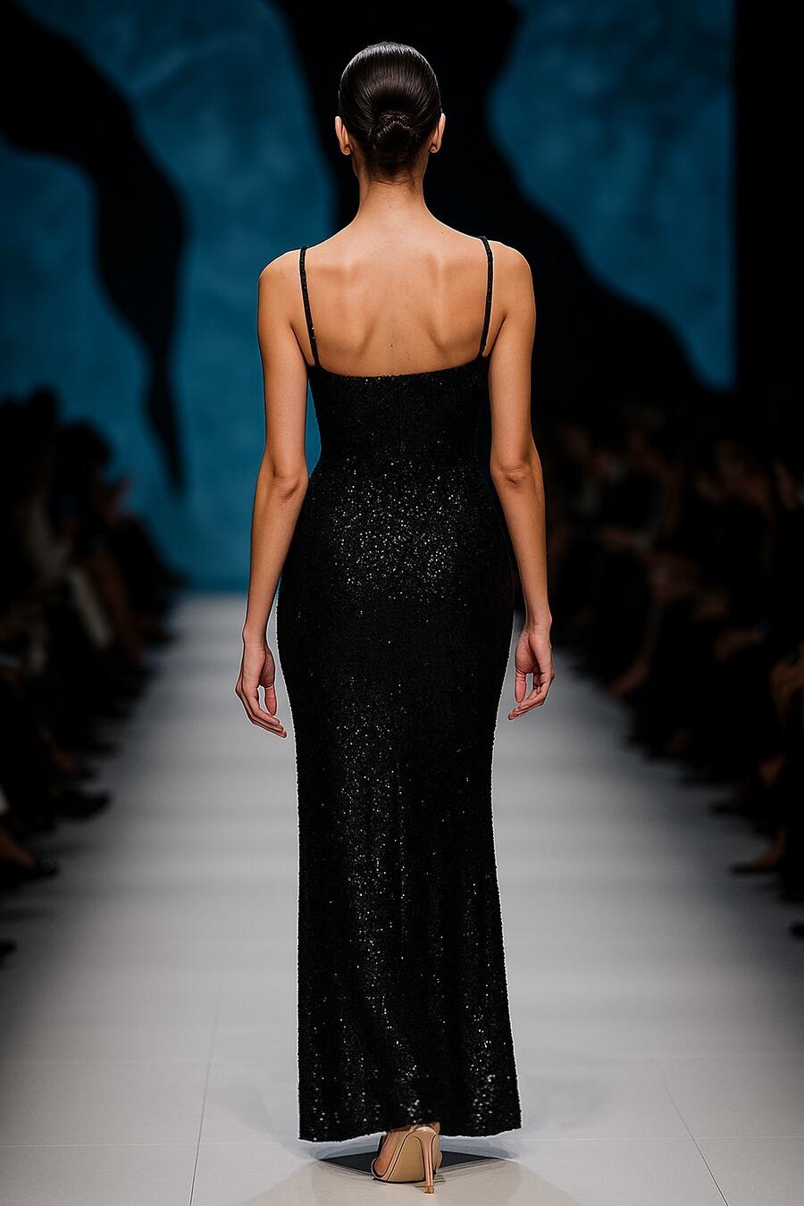 0968 Black Long dress whit micro-sequins and thin shoulder straps