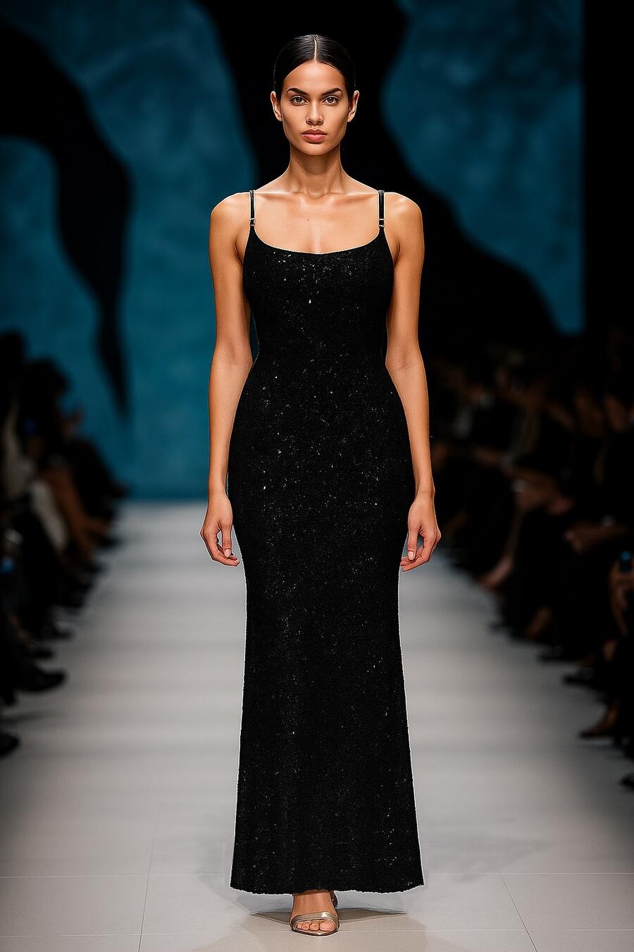 0968 Black Long dress whit micro-sequins and thin shoulder straps