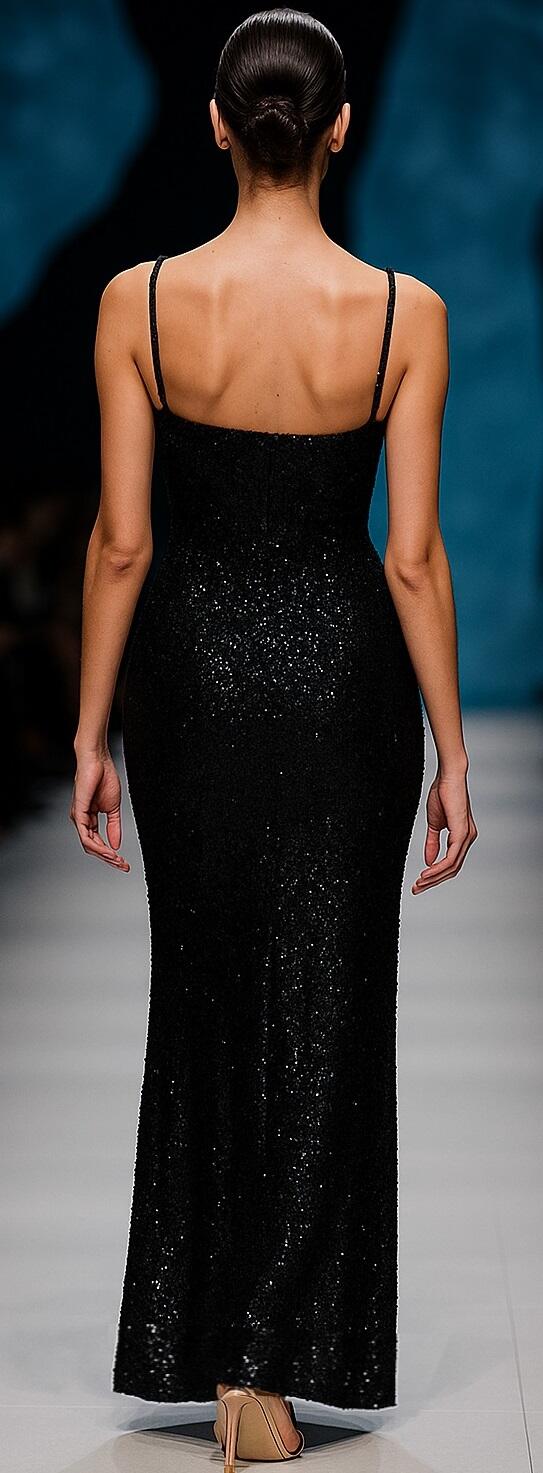 0968 Black Long dress whit micro-sequins and thin shoulder straps