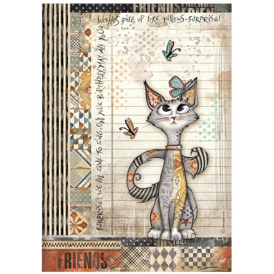 Carta di riso Fto A4 Furry Friends Gatto e Farfalla