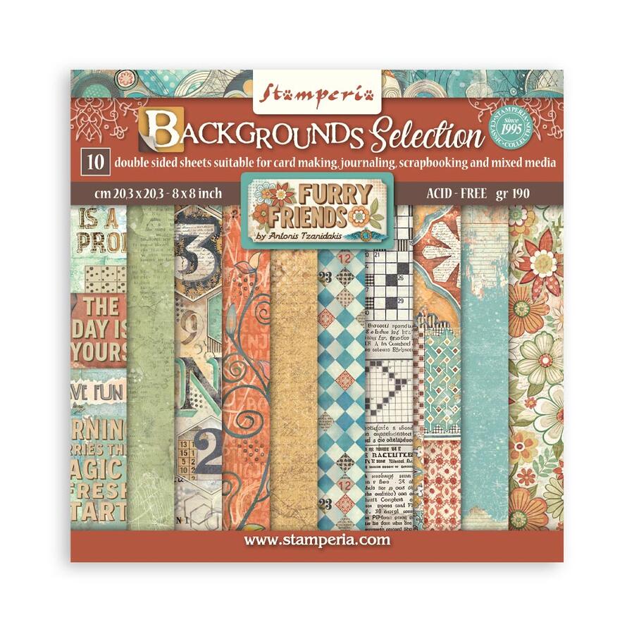 Blocco 10 fogli 20,3 x 20,3 Double Face Backgrounds Furry Friends
