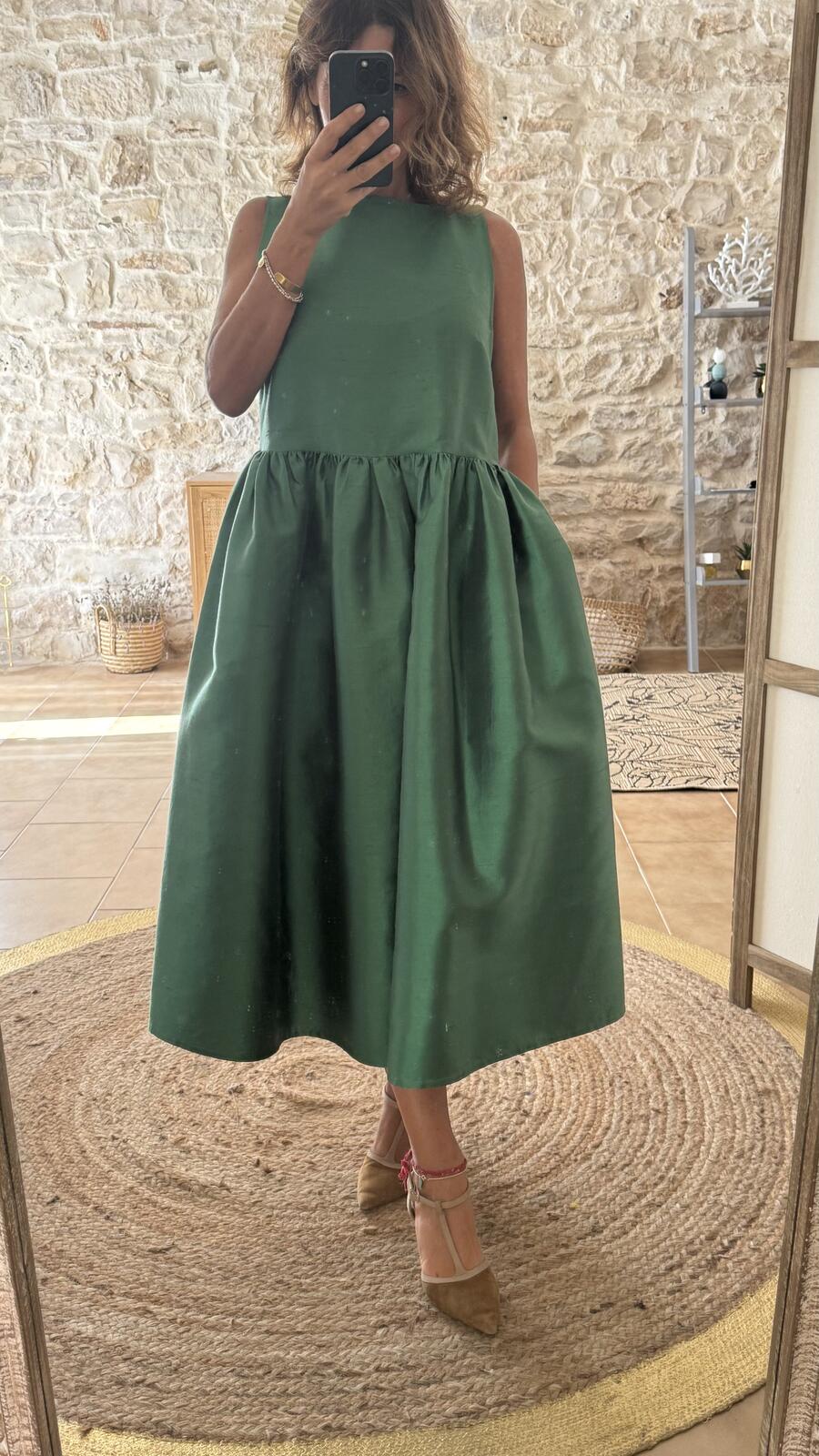 Ines maxi dress Green shantung pura seta