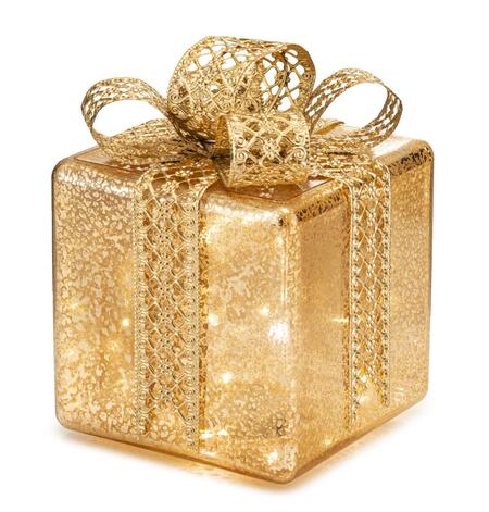 Lamart - Natale 2025 - Pacco Regalo in Vetro Oro con LED – 15x22 cm