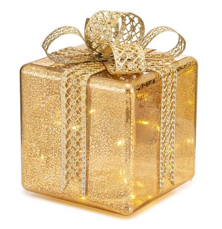Lamart - Natale 2025 - Pacco Regalo in Vetro Oro con LED – 18x26 cm