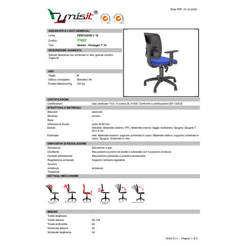 Sedia operativa PENTAGON Y10 con schienale in rete e braccioli