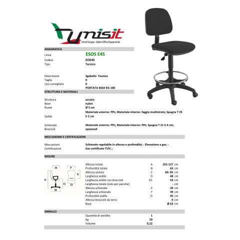SGABELLO TECNIGRAFO ESOS E4 con POGGIAPIEDI e RUOTE